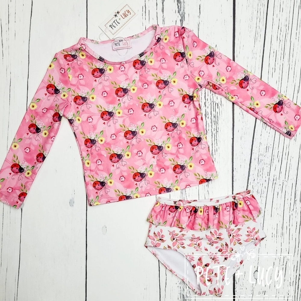 Pink and Red Long Sleeve Rashguard Swim Set